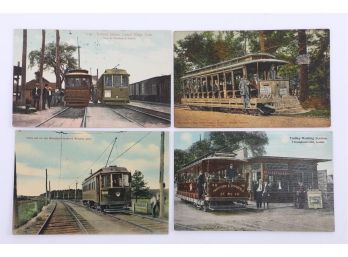 4 Early 1900's Hand Colored Postcards Of Connecticut Trollys