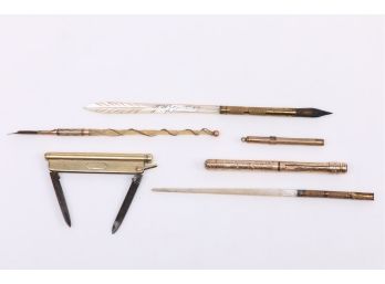 Grouping Late 1800 Early 1900 Dip Pens & Writing Instruments, One With Folding Nail Files