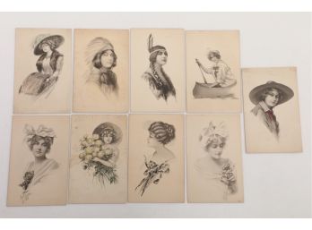 9 Early 1900's Schlesinger Bros Pretty Women Postcards