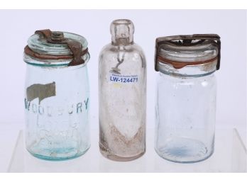2 1800's Canning Jars - Woodbury & Pettit With Meriden CT Aurora Springs Bottling Works Bottle