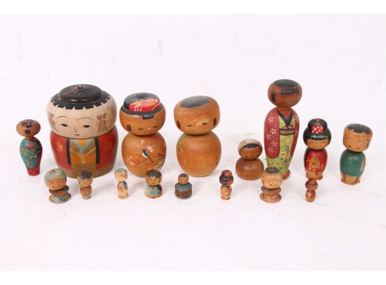 Group Of Vintage Kokeshi Japanese Wooden Dolls