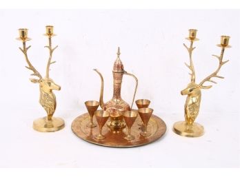 Group Of Vintage Brass Decorative Items Including Deer Candleholders