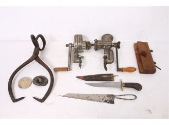 Group Of Metal Collectibles Include Ice Tongs, Knives, Meat Grinders & More