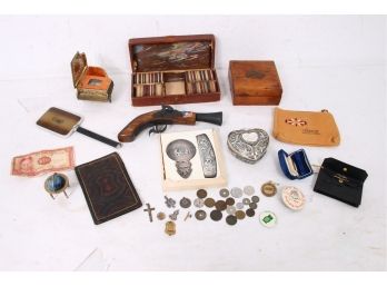 Group Of Vintage Collectibles Include Poker Chips, Gun Replica, Religious Lot (possible Some Sterling)