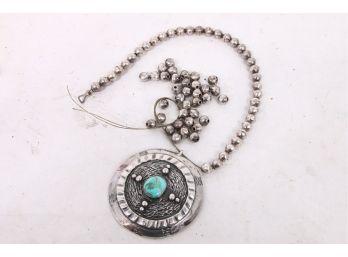 Vintage Navajo Sterling Silver Turquoise Beaded Necklace With Large Pendant Medallion