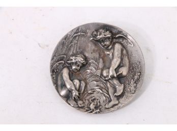 Antique Victorian Sterling Silver Repousse Cherubs Angels Brooch