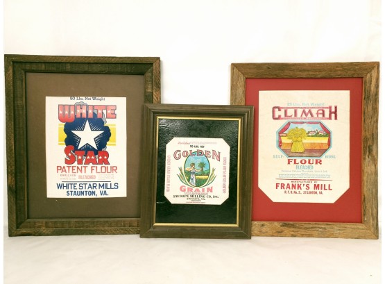 Collection Of 3 Framed Vintage Flour Grain Feed Bags