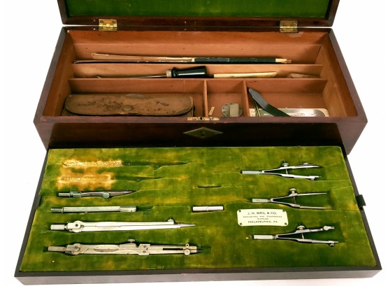 US Navy Box Containing Drafting Tools By J.H. WEIL
