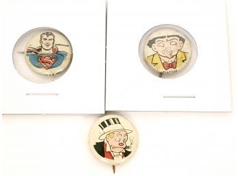 3 Original Kellogs Pep Pins, Superman, Flat Top, Jiggs