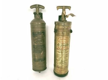 Pair Of Vintage Brass Fire Extinguishers Pyrene And Buffalo