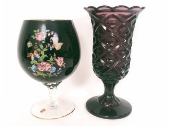 Purple Pressed Glass Vase And Italian Painted Cup