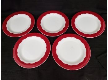 5 Corning Red Scalloped Edge Dinner Plates