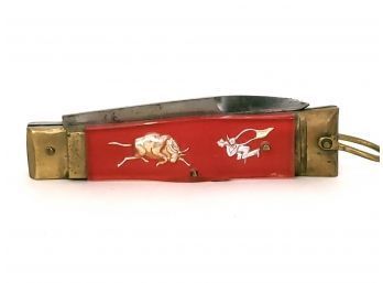 1950s-60s Automatic Leverlock Pocket Knife With Bull Fighter / Dragon, Celluloid Handles Made In Japan