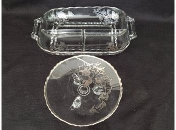 Silver Decorated Glass Platter And Divided Dish