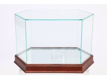 Glass Football Display Case With Wood Mirror Bottom.