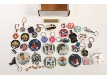 Box Of Pins And Key Chains And Other Misc Stuff.