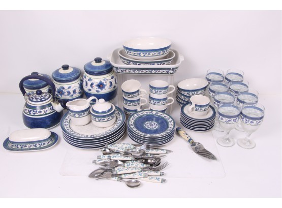 Incomplete Set Of Pfaltzgraff Orleans Blue  Dishes, Wine Glasses, Teapot Etc..