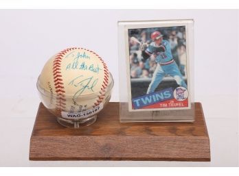 Tim Teufel - Personal Autographed Baseball With Card On Wood Display