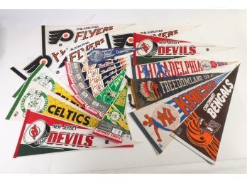 Large Assorted Pennant Lot - 10 All Sizes, Teams And Materials.