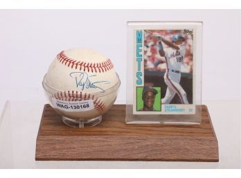 Darryl Strawberry Autographed Baseball With Card On Wood Base Display