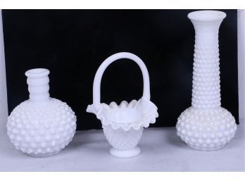 3 Pieces Of Milk Glass Hobnail Pattern
