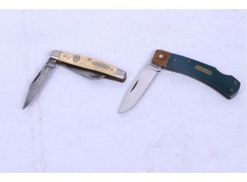 2 Vintage Shrade Pocket Knives 'teddy Rosevelt' And 'old Timer' With Green Handle !!
