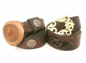 Leather Belts With Brass And Wood Buckles.