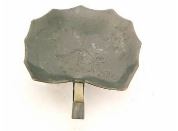 Antique Chinese Etched Pewter Leaf Tray With Ducks, Possible Jade Handle