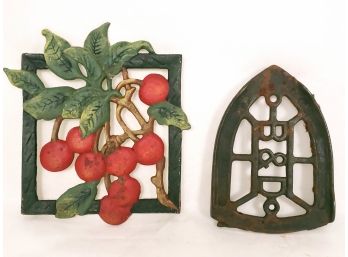 Pair Of Vintage Cast Iron Trivets, B&d And Painted With Cherries