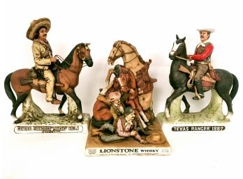 3 Vintage House Statue Decanters,  Pancho Villa, Texas Ranger, And Lionstone
