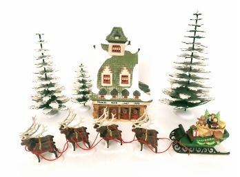 Reindeer Barn With Sleigh & Eight Tiny Reindeer And 3 Trees, 3 Dept 56 Dickens Christmas Heritage North Pole