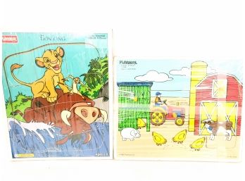 Pair Of Vintage Wooden Playskool Puzzles, Lion King And Farm