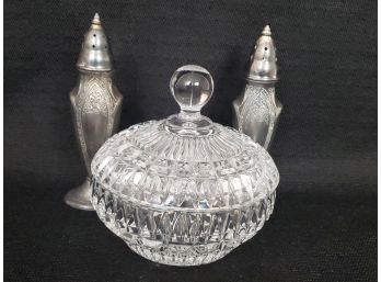 Pair Of Poole Astor Salt And Pepper Shakers And Vintage Glass Covered Bowl