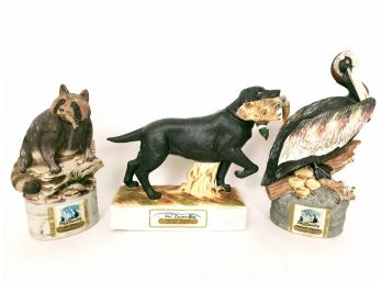 3 Vintage Ski Country Whiskey Decanters,  Raccoon, Hunting Dog,  Pelican
