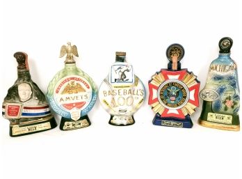 Mixed Group Of 5 Vintage Decanters,  War Veterans, Rocky Marciano, Baseball, The Great Lakes