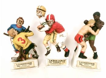 Collection Of 3 Lionstone Whiskey Decanters, Boxing, Hockey,  Football