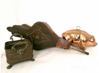 Vintage Lot With Bellows, Copper Handled Planter And Pig Mold