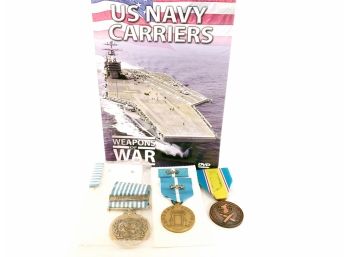 Group Of 3 Korean War Military Medals And US NAVY CARRIERS DVD Movie.