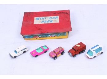 Group Of 5 Vintage Matchbox Cars With Mini Car Park Storage Box