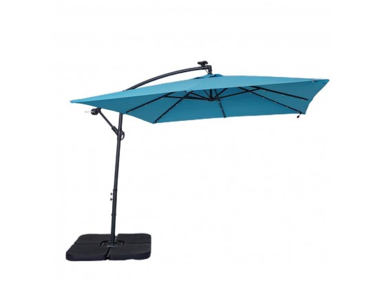 8. 3 Ft. Solar 32 LED Lights Square Outdoor Patio Cantilever Umbrella With Crank Lift & Base Lake Blue New