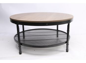 43 In. Round Wood Top Coffee Table With Steel Frame And Shelf