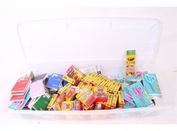 Large Bin Full Of School Supplies Includes Crayons, Scissors, Pads, Sanitizer