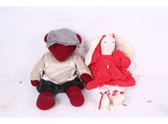 Pair Of Vintage Handmade Stuffed Animals Includes Bear And Rabbit