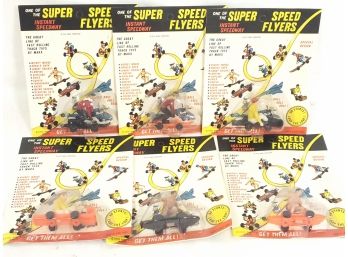 Vintage 1969 Marx Super Speed Flyer Toys Toboggan, Skier, Surfer,2 Of Each On Card Unpunched
