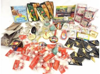Mixed Lot Of Carnival Toy Smalls, Jacks, Noise Makers,  Jewelery,  Mini Nude Playing Cards, Magnets And More.
