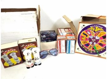 Mixed Lot Of Magnetic Dart Boards, Grocery Checklist, Sunglasses, Salt And Peppers