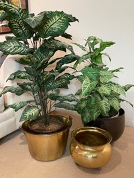 Faux Plants And Brass Planters