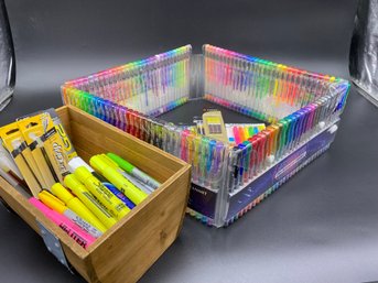 Tanmit 240 Gel Pen Collection Plus Decorative Wood Crate Filled With Pens, Highlighters, Refills Galore