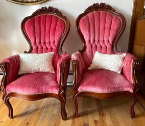 Vintage Victorian Style His And Hers Rose Carved Fireside Lounge Chairs - A Pair