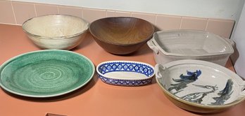 Assorted Pottery And Wooden Salad Bowl